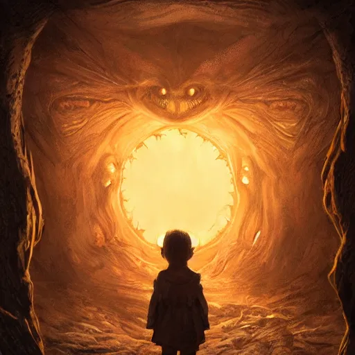 Image similar to an eye inside a mouth of a child with pointed teeth and glowing yellow eyes, nightmare, dark, h. p. lovecraft, portrait, intricate, detailed, volumetric lighting, scenery, digital painting, highly detailed, artstation, sharp focus, illustration, concept art, art by artgerm and greg rutkowski