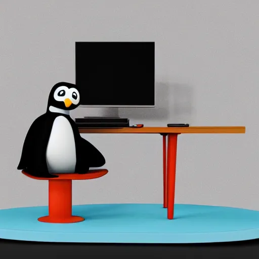 Image similar to pingu sitting behind a computer, 3 d render, painted by mark ryden, art, epic lighting