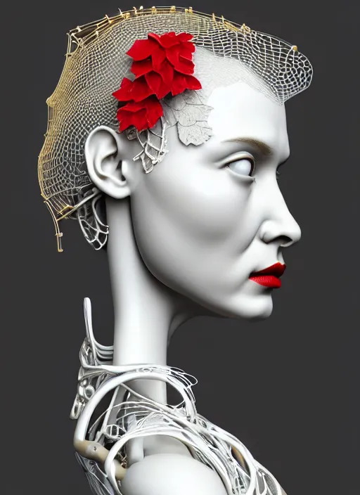 Prompt: complex 3d render ultra detailed of a beautiful porcelain profile woman face, mechanical cyborg, 150 mm, beautiful natural soft light, rim light, silver gold details, magnolia big leaves and stems, roots, fine foliage lace, maze like, mesh wire, red lips, intricate details, hyperrealistic, ultra detailed, mandelbrot fractal, anatomical, white metal neocubism armor, facial muscles, cable wires, microchip, elegant, octane render, H.R. Giger style, 8k