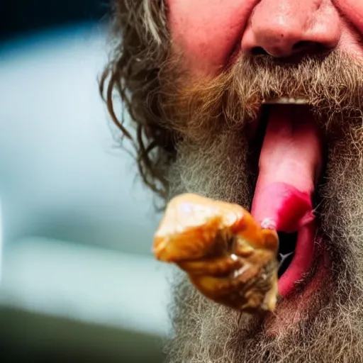 Prompt: close up shot of brian blessed swallowing a fish whole. photography, photographic