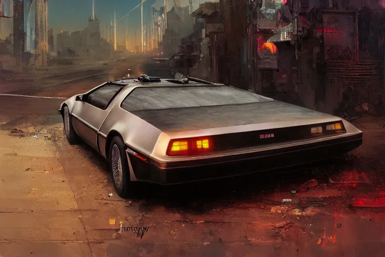 Image similar to photograph of the delorean, with a sleek spoiler, driving down the streets of a cyberpunk abandoned city, by greg rutkowski, by stanley artgerm, by alphonse mucha