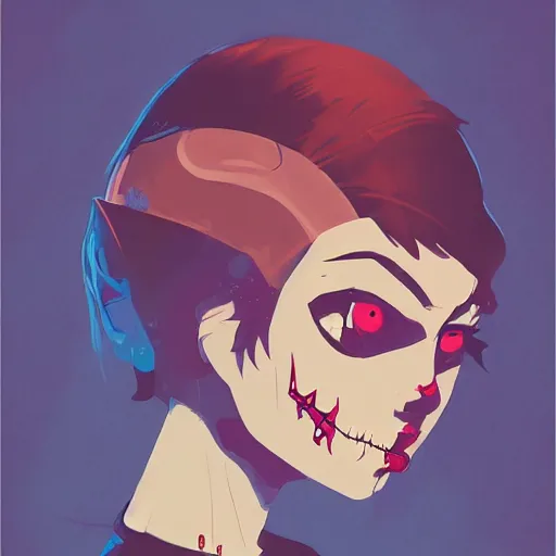 Prompt: Digital portrait of a cartoon punk zombie young lady by Atey Ghailan, by Loish, by Bryan Lee O'Malley, by Cliff Chiang, ((dark blue moody background))