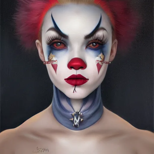 Prompt: tom bagshaw portrait, insanity and madness curiosities, beautiful asian mix of dove cameron madison beer bella poarch in a full dress body, clown makeup, professionally retouched, focus eyes, ultra realistic soft painting, insanely detailed linework, symmetrical accurate intricate features, behance, 8 k