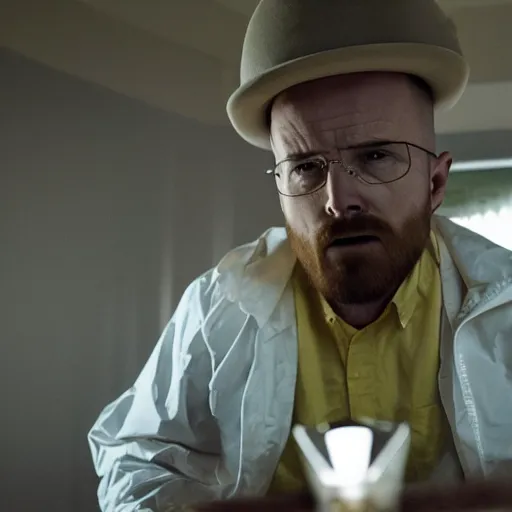 Image similar to Live Action Still of Aaron Paul dressed as Walter White, real life, hyperrealistic, ultra realistic, realistic, highly detailed, epic, HD quality, 8k resolution, body and headshot, film still