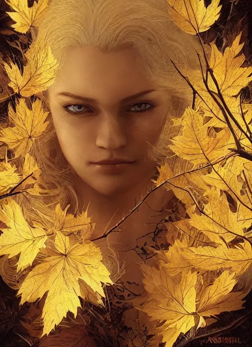 Image similar to golden leaves at frame border, creative!!! composition for a book cover!!!, absurdly beautiful, ultrafine hyperrealistic detailed old witch face by wlop and artgerm and greg rutkowski, intricate linework, sharp focus, smooth, octopath traveler, final fantasy, unreal engine, dramatic lighting, ethereal, 8 k