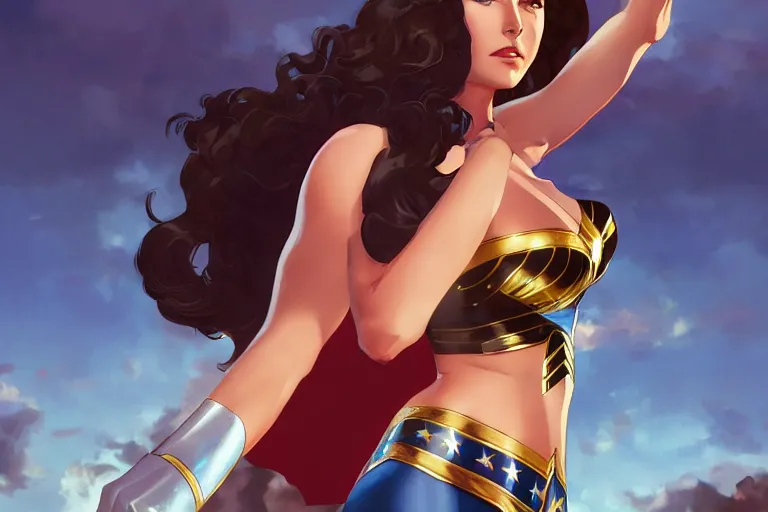 Prompt: young lynda carter as 7 0 s wonder woman, single subject, scenic full shot, ambient lighting, detailed face, by makoto shinkai, stanley artgerm lau, wlop, rossdraws