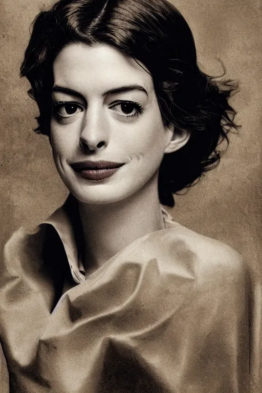 Image similar to anne hathaway, queen, portrait, full body, symmetrical features, silver iodide, 1 8 8 0 photograph, sepia tone, aged paper, sergio leone, master prime lenses, cinematic