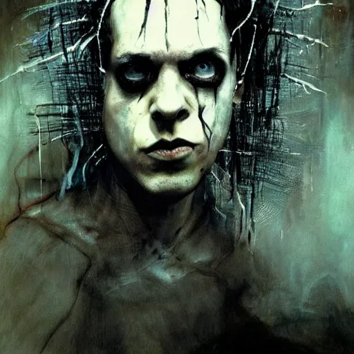 Image similar to stunning portrait of gaunt olli wisdom a ( the cure fan ) as dream from sandman, dim stars as eyes, by jeremy mann, by cedric peyravernay, by by russ mills, by richard avedon and ben templesmith, dramatic lightning, sadness, dark eye sockets, in the shadows, punk rock, gothic, high detailed, 8 k