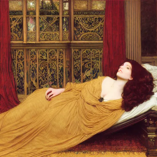 Image similar to preraphaelite photography reclining on bed, a hybrid of judy garland and a hybrid of lady gaga and anne hathaway, aged 2 5, big brown fringe, wide shot, yellow ochre ornate medieval dress, john william waterhouse, kilian eng, rosetti, john everett millais, william holman hunt, william morris, 4 k