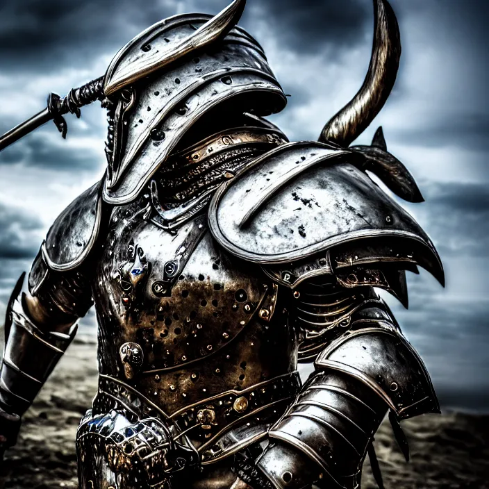 Image similar to photo of a warrior with metal whale themed armour, highly detailed, 4 k, hdr, smooth, sharp focus, high resolution, award - winning photo