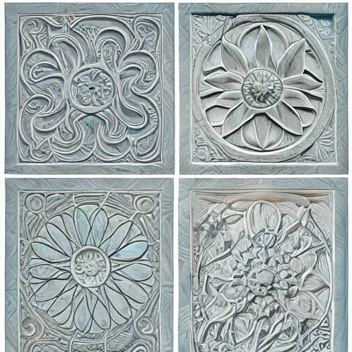 Prompt: maze, thin lines, ernst haeckel, carved soapstone relief paneling white and pale blue