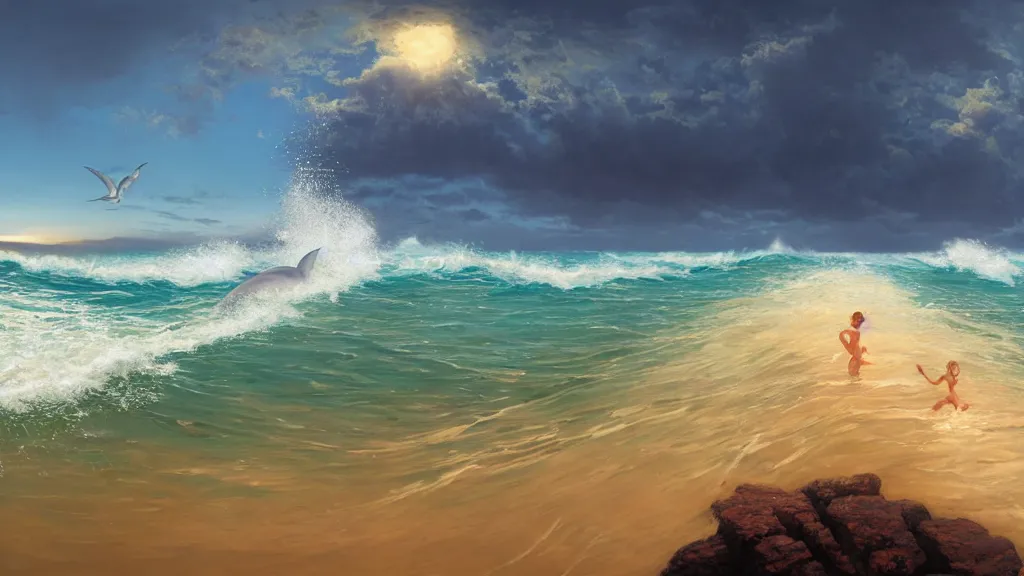 Prompt: first person view of breaking waves on the shore, summer, clear beautiful sky, bright sky, dolphins jumping and playing near the shore, peaceful, amazing, by andreas rocha and john howe, and Martin Johnson Heade, featured on artstation, featured on behance, golden ratio, ultrawide angle, f32, well composed