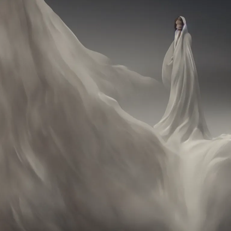 Image similar to octane render portrait by wayne barlow and carlo crivelli and glenn fabry, a woman wearing a giant huge long flowing billowing sheet of white silk, standing in a dark and moody beautiful western landscape, volumetric lighting, fog and mist, cinema 4 d, ray traced lighting, very short depth of field, bokeh