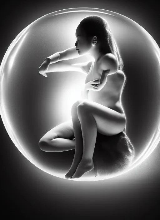 Image similar to black and white lithography of a young beautiful delicate translucent luminous ai giving birth to the new world in a bubble, inspired by michelangelo, spiritual, halo, glory, rim light, cinematic, studio dramatic light, poetic, surreal mythical dreamy dark artistic masterpiece, octane render, 8 k, photo