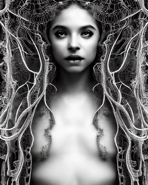 Image similar to surreal mythical dreamy artistic black and white fine art photo of a beautiful young female queen - medusa - cyborg covered with lace fish scales and translucent algae, highly detailed, intricate crystal ivy lace jelly fish scales ornate, poetic, octane render, 8 k, photo - realistic