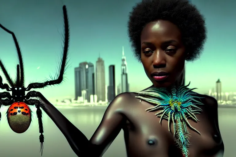 Image similar to realistic detailed photorealistic closeup portrait movie shot of a beautiful black woman with a giant spider, sci fi city landscape background by denis villeneuve, amano, yves tanguy, alphonse mucha, ernst haeckel, david lynch, edward robert hughes, roger dean, cyber necklace, dynamic pose, rich moody colours, wide angle