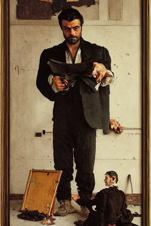 Image similar to body portrait of Oscar Isaac, colour painting by norman rockwell, guidi prime background by carl spitzweg