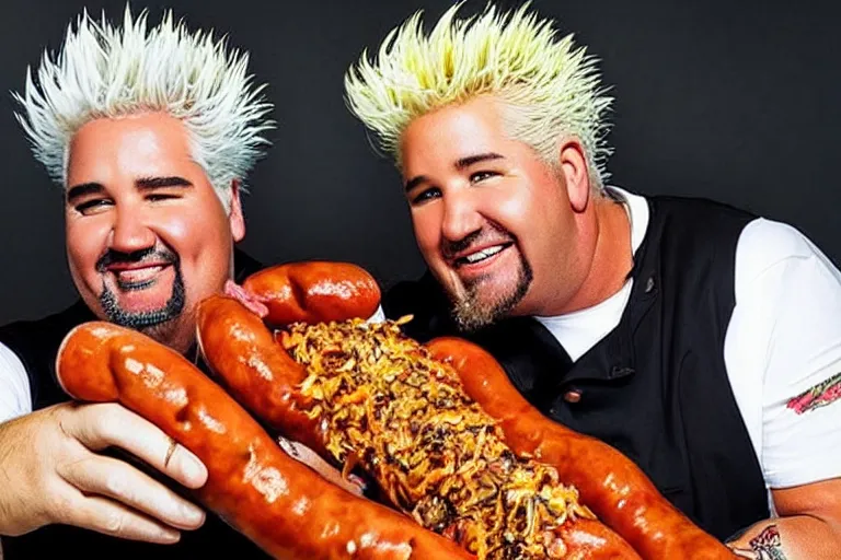 Image similar to beautifully composed photograph of Guy Fieri holding a huge weiner