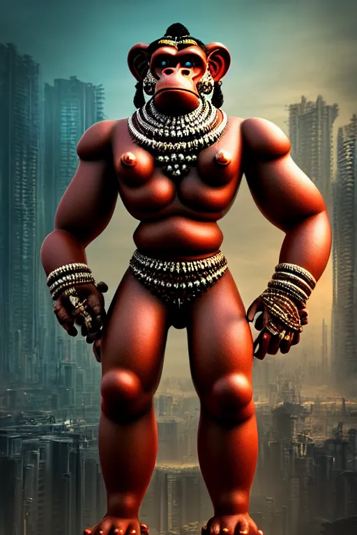 Image similar to high quality 3 d render post - rococo cyberpunk hanuman! head mumbai!, madhubani, highly detailed, morning, cinematic smooth unreal engine, lee madgwick & liam wong, dramatic light, long shot, low angle, uhd 8 k, sharp focus