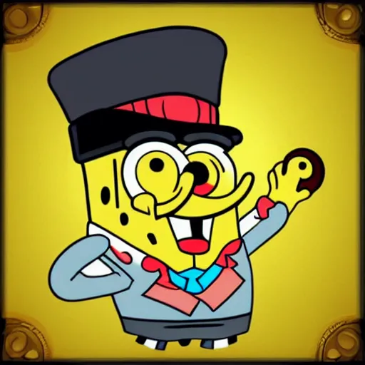 Prompt: spongebob squarepants with a tophat and monocle, portrait, digital illustration, fanart trending on artstation