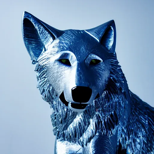 Image similar to portrait photography of a silver wolf sculpture with glowing blue eyes