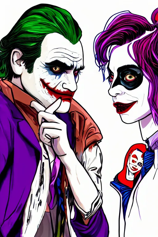 Prompt: joaquin phoenix as joker and lady gaga as harley quin love each other, fix duplicate content!, violet polsangi pop art, gta chinatown wars art style, bioshock infinite art style, incrinate, realistic anatomy, hyperrealistic, two colors, white frame, content proportion