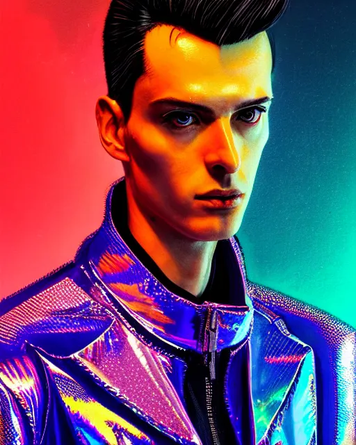 Image similar to detailed portrait of European Professional Fashion Male Model Sheen Holographic Jacket coat, Futuristic sci-fi fashion, royal attire Akira, Evangelion, cyberpunk, neotokyo, synthwave, aesthetics, futuristic, low-emission-neon, bladerunner movie scene by ismail inceoglu dragan bibin hans thoma greg rutkowski Alexandros Pyromallis Nekro Rene Margitte illustrated Perfect face, fine details, realistic shaded, fine-face, pretty face sharp chine