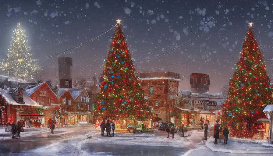 Prompt: midwest town, winter, snow, christmas lights, christmas tree, hyperdetailed, artstation, cgsociety, 8 k