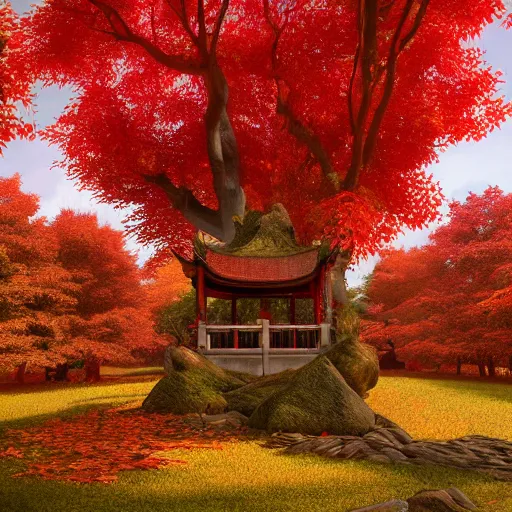 Image similar to cozy tang dynasty shrine in a maple forest during autum, red leaves, award winning fantasy concept art, high octane render, 8k resolution, high definition