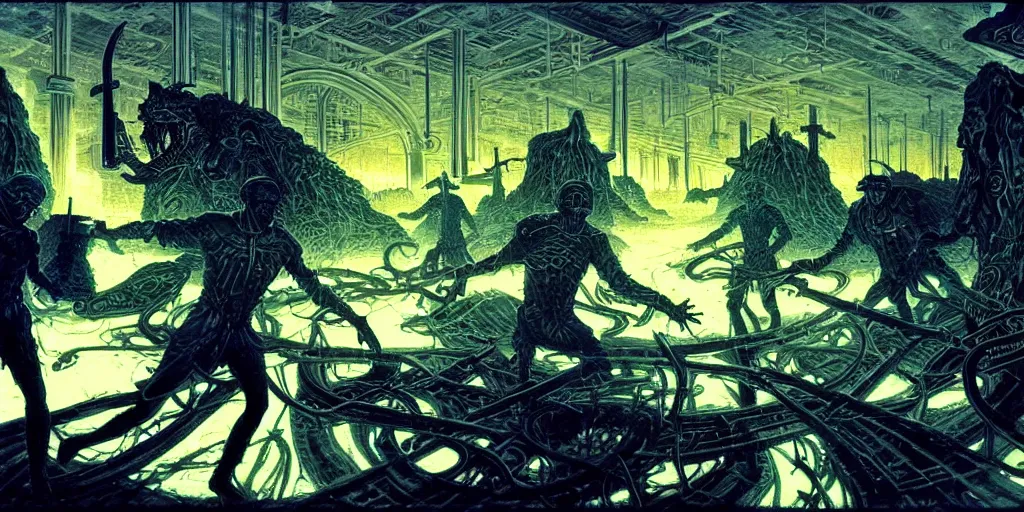 Prompt: detailed battle scene of demonic prompt engineers with neural interfaces fighting versus biblical artists with tablets still from hyperrealism surreal satanic movie by denis villeneuve and francois schuiten and dan hillier. volumetric dramatic cyan gold light