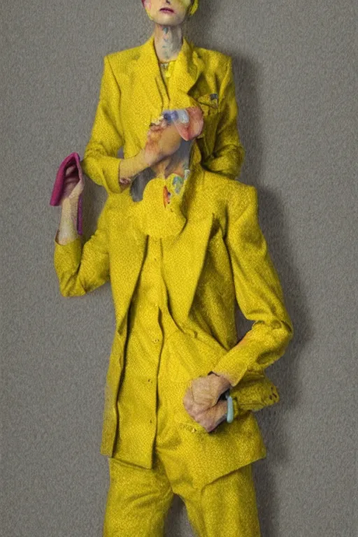 Image similar to a room filled with yellow fog with a character wearing a super colorful muted color diy! suit, with a lot of pockets and details, vivienne westwood!, detailed photoreal render octane render, oil on canvas, pointillism