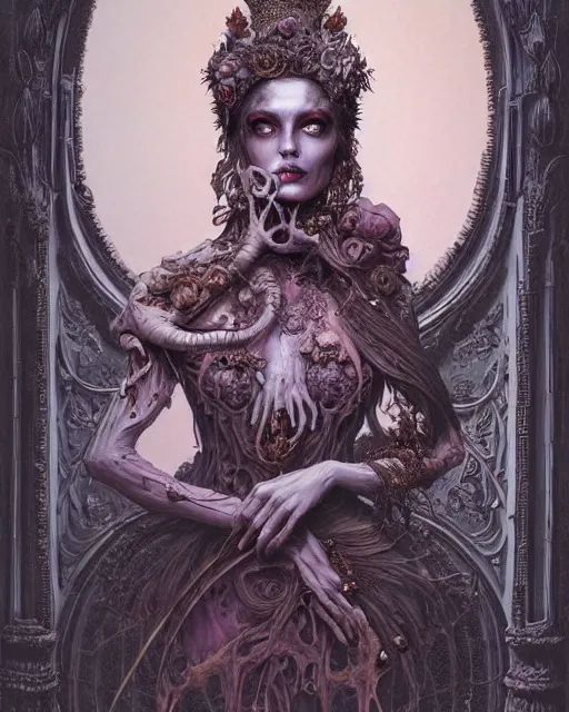 Image similar to a beautiful detailed front view portrait of a dead rotten princess with baroque ornate growing around, ornamentation, elegant, beautifully soft and dramatic lit, by wayne barlowe, peter mohrbacher, kelly mckernan