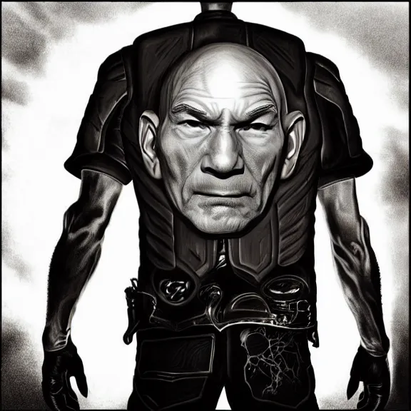 Prompt: megadeth album cover featuring photo of patrick stewart, power metal album cover, trending on artstation, intricately detailed, highly detailed, classic, award winning