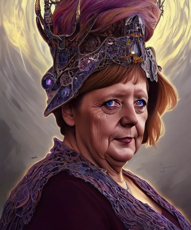 Prompt: Angela Merkel as a fantasy magic woman portrait, sci-fi, amber eyes, face, long hair, fantasy, intricate, elegant, highly detailed, digital painting, artstation, concept art, smooth, sharp focus, illustration, art by artgerm and greg rutkowski and alphonse mucha