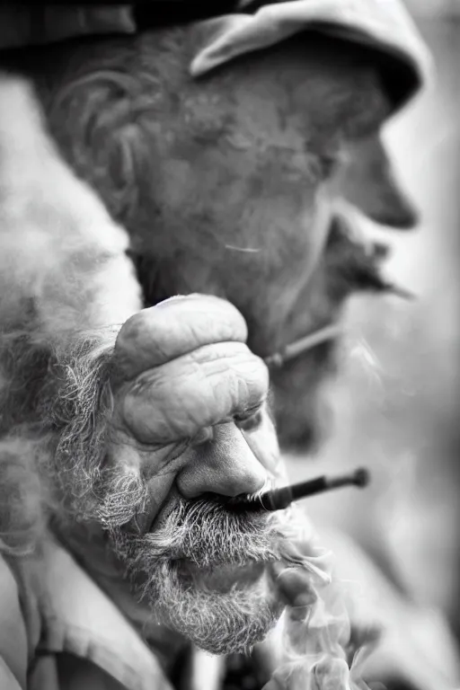 Prompt: A close-up portrait of an old, weary, wrinkly sailor smoking a pipe, Kodak Tri-X 400, 85mm