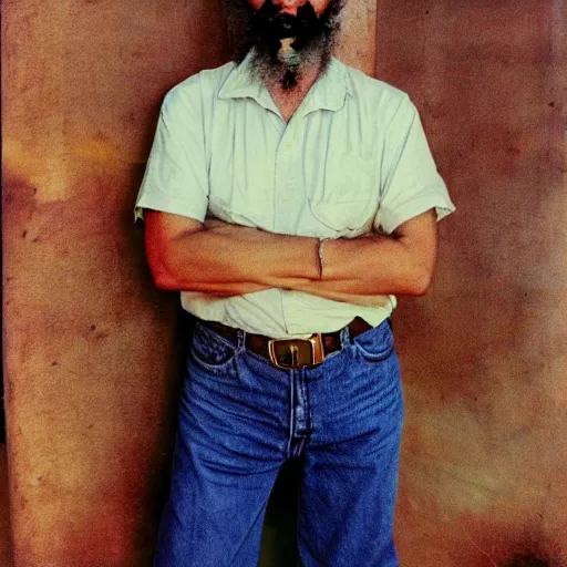 Image similar to fidel castro wearing denim shorts, full body portrait, 3 5 mm film, by nan goldin