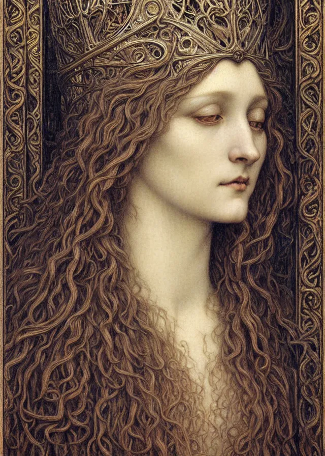 Image similar to detailed realistic beautiful young medieval queen face portrait by jean delville, gustave dore and marco mazzoni, art nouveau, symbolist, visionary, gothic, pre - raphaelite. horizontal symmetry