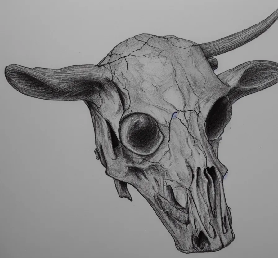 Image similar to cow skull, pencil drawing, pencil, black, sketch, on paper, realistic, detailed, artstation