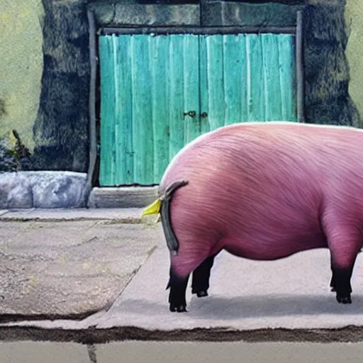 Image similar to giant pig painting walking through a village, surreal, photo realistic