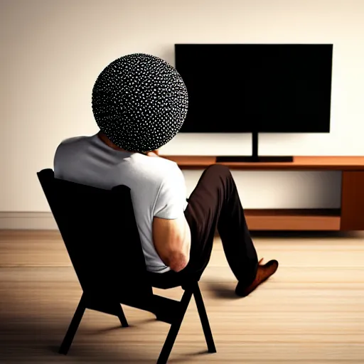 Image similar to a man with shit on his head sits on a chair in front of the tv, digital art, many details, super realistic, high quality, 8 k