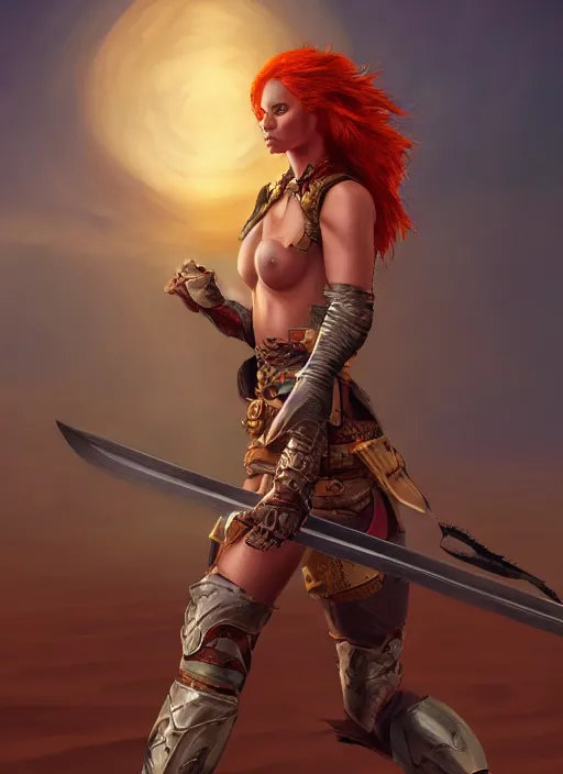 Image similar to Redhead female fighter with katana in desert, fantasy, medieval, vivid colors, fantasy, elegant, concept art, sharp focus, beautiful face, digital art, Hyper-realistic, 4K, Unreal Engine, Highly Detailed, HD, Dramatic Lighting by Brom, trending on Artstation