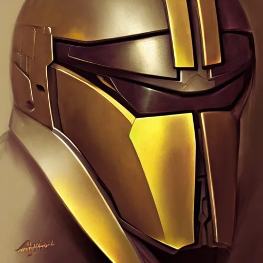 Prompt: portrait of The Mandalorian with his helmet, elegant, intricate, headshot, highly detailed, digital painting, artstation, concept art, sharp focus, illustration, art by artgerm and greg rutkowski and alphonse mucha