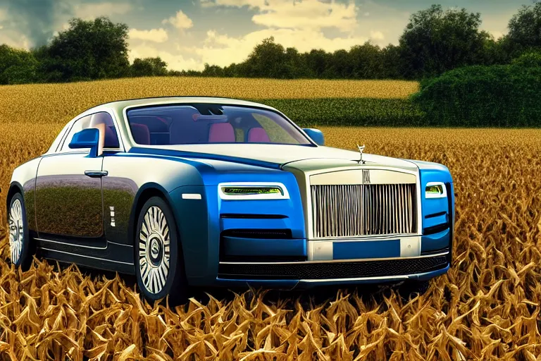 Image similar to a mirrored rolls royce in the center of a cornfield, hyper realistic, ambient lighting, concept art, intricate, hyper detailed, smooth, dynamic volumetric lighting, octane, raytrace, cinematic, high quality, high resolution, 4 k