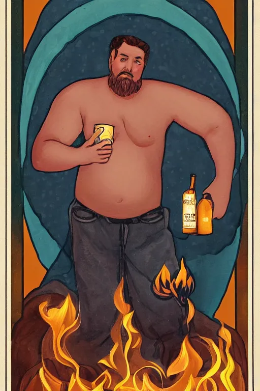 Prompt: an ethereal tarot card painting of a shirtless handsome! goofy cowboy with a chubby build and beer belly sitting at a serene campfire | cans of beans and jugs of whisky | tarot card, art deco, art nouveau | by Mark Maggiori | trending on artstation