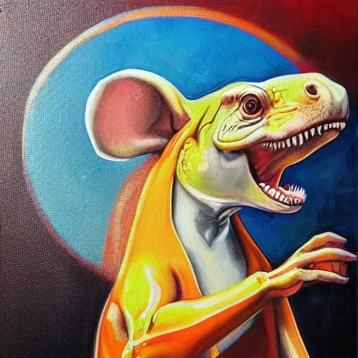 Image similar to dino mouse, epic pose, fine painting