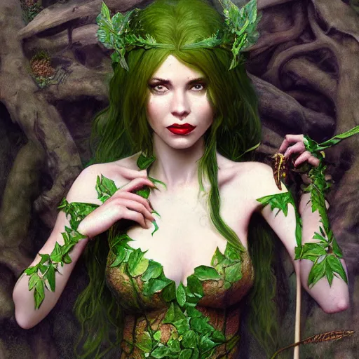 Prompt: a beautiful and detailed matte painting of poison ivy dressed as an elf queen, fantasy, d & d, dark eyeliner, intricate, elegant, highly detailed, digital painting, artstation, concept art, matte, sharp focus, illustration, art by greg rutkowski and alphonse mucha