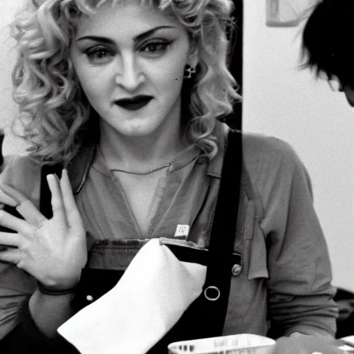 Prompt: picture of a 2 4 - year old madonna's famous 1 9 8 4 cameo as a mcdonald's worker in trading places, ( eos 5 ds r, iso 1 0 0, f / 8, 1 / 1 2 5, 8 4 mm, postprocessed, crisp face, facial features )