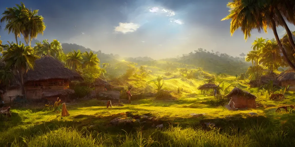 Image similar to Lively sunny landscape of a kerala village realistic detailed digital art by Maxwell Boas Jessica Rossier Christian Dimitrov Anton Fadeev trending on Artstation CGSociety rendered in Unreal Engine 4k HQ