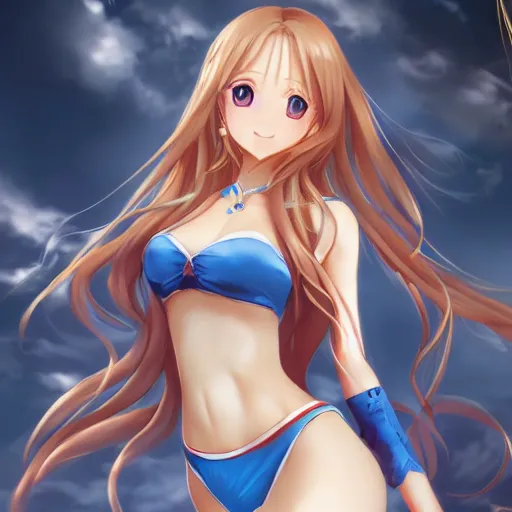 Prompt: a very beautiful yuuki asuna, full body, long wavy blond hair, sky blue eyes, full round face,, bikini, miniskirt, front view, mid - shot, highly detailed, cinematic wallpaper by stanley artgerm lau