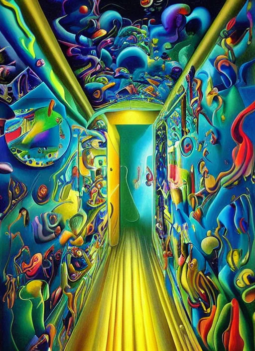 Image similar to an extremely high quality hd surrealism painting of a 3d slow-shutter galactic neon complimentary colored cartoon surrealism melting optical illusion hallway by kandsky and salviadoor dali the seventh, salvador dali's much much much much more talented painter cousin, 4k, ultra realistic, super realistic, so realistic that it changes your life